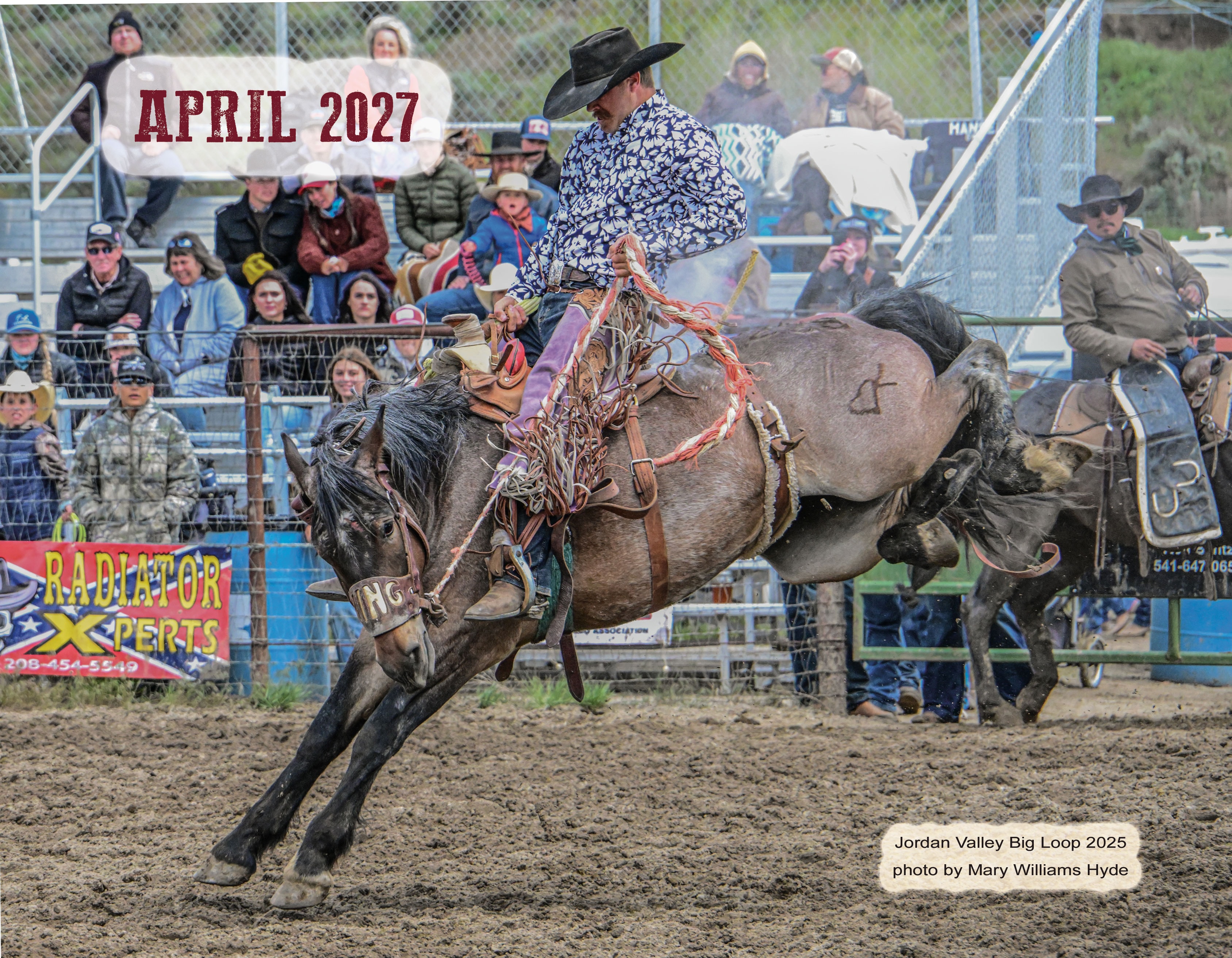 April 2027 – bronc rider on bucking horse, Jordan Valley Big Loop 2025, photo by Mary Williams Hyde