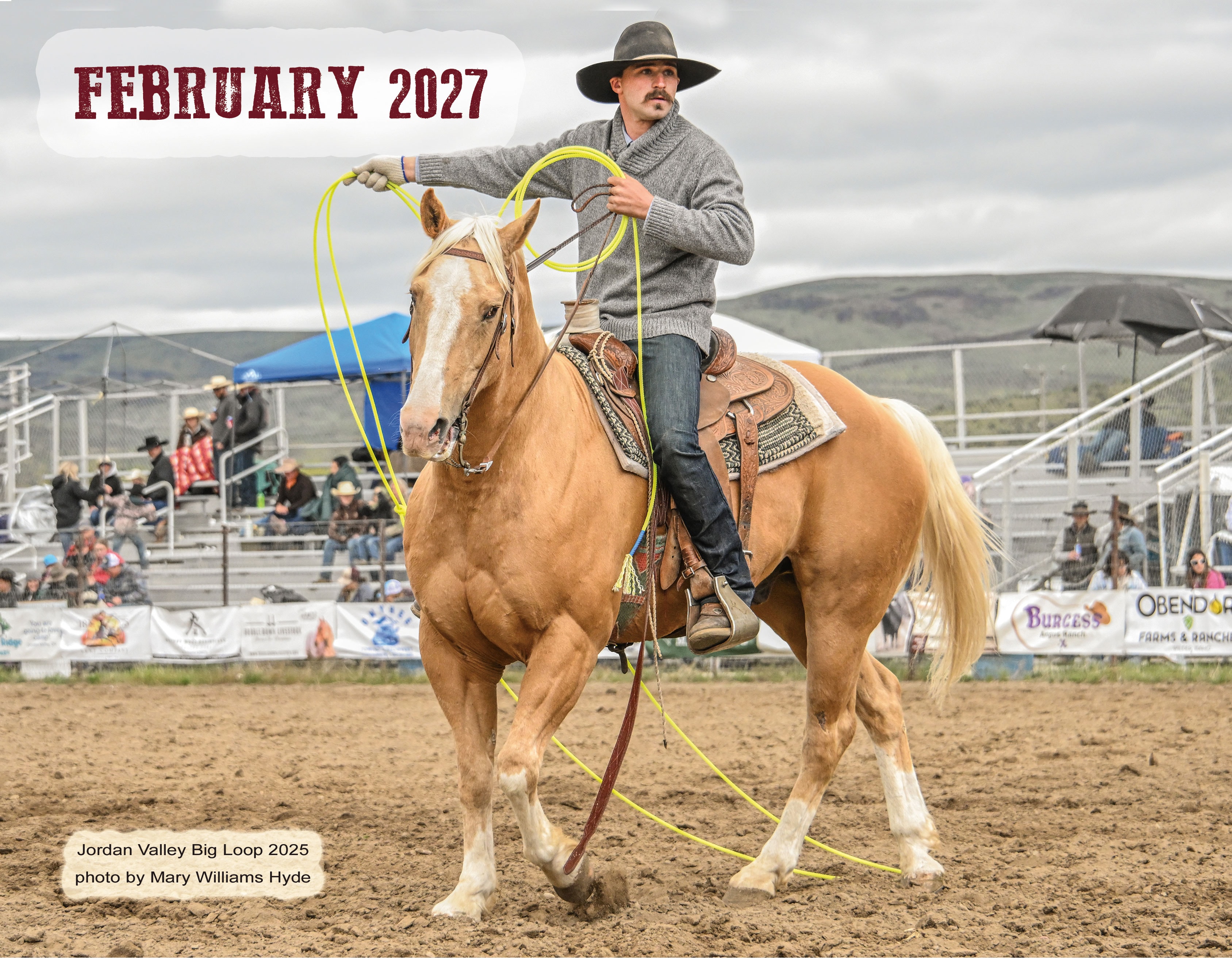 February 2027 – cowboy on palomino horse with lasso, Jordan Valley Big Loop 2025, photo by Mary Williams Hyde