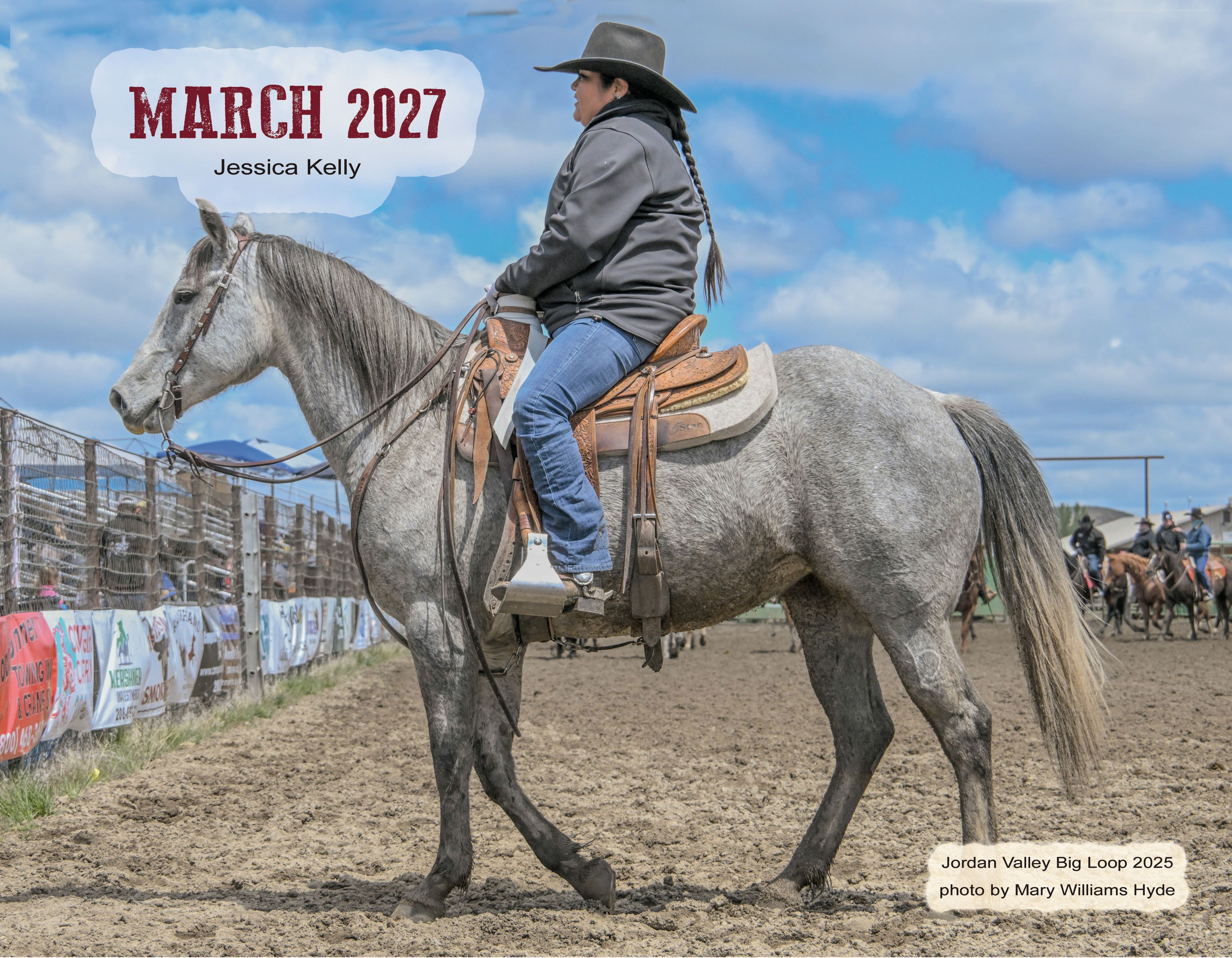 March 2027 – Jessica Kelly on gray horse, Jordan Valley Big Loop 2025, photo by Mary Williams Hyde