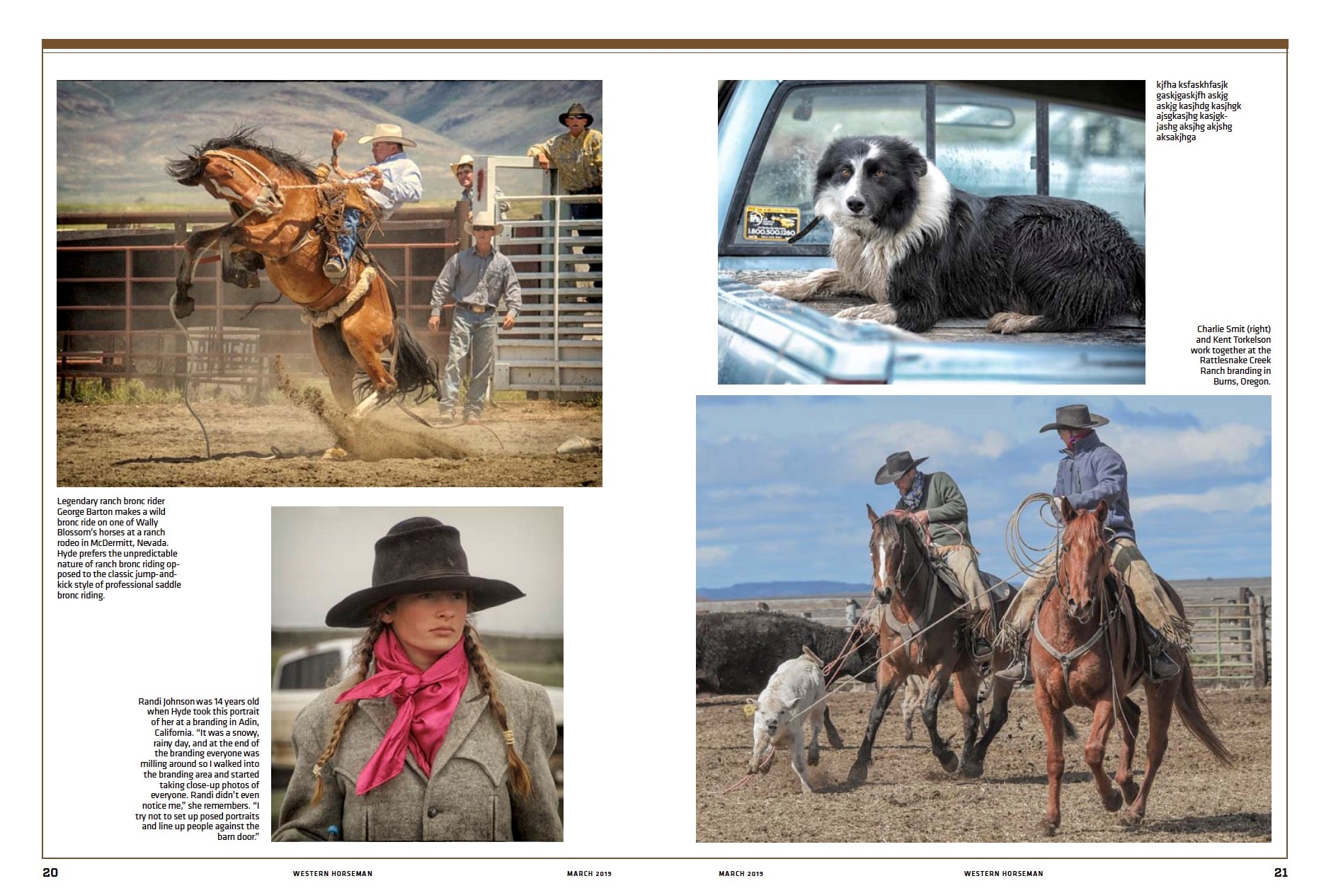 Magazine spread – bronc riding sequence, Clint Riggins roping and T.J. Thompson at Jordan Valley Big Loop, photographed by Mary Williams Hyde
