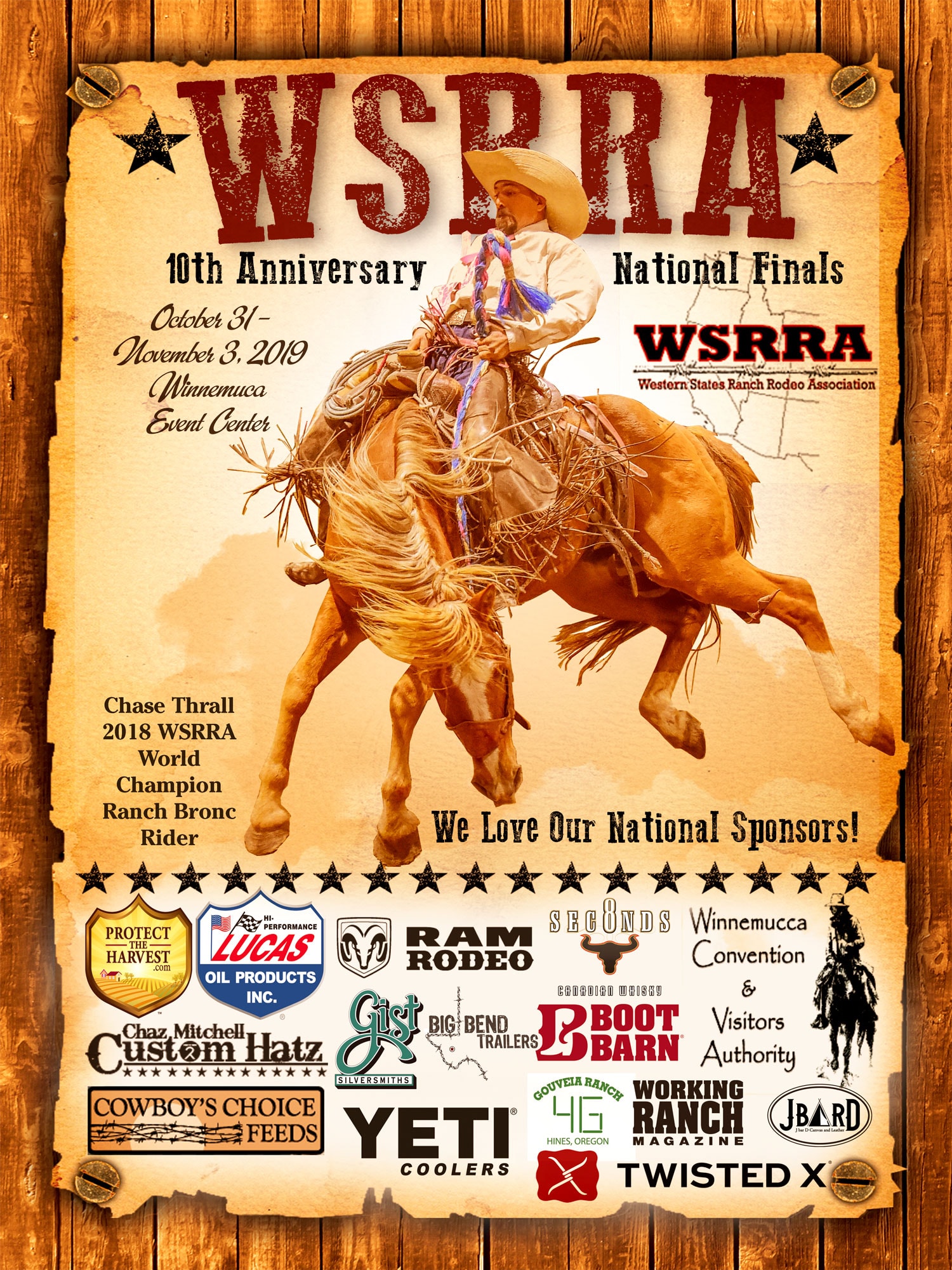 WSRRA 10th Anniversary National Finals sponsor flyer - Chase Thrall Ranch Bronc Champion